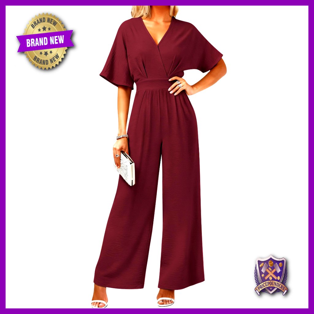 V-Neck Batwing Sleeve Wide Leg Jumpsuit, Premium Fabric, Dressy Casual